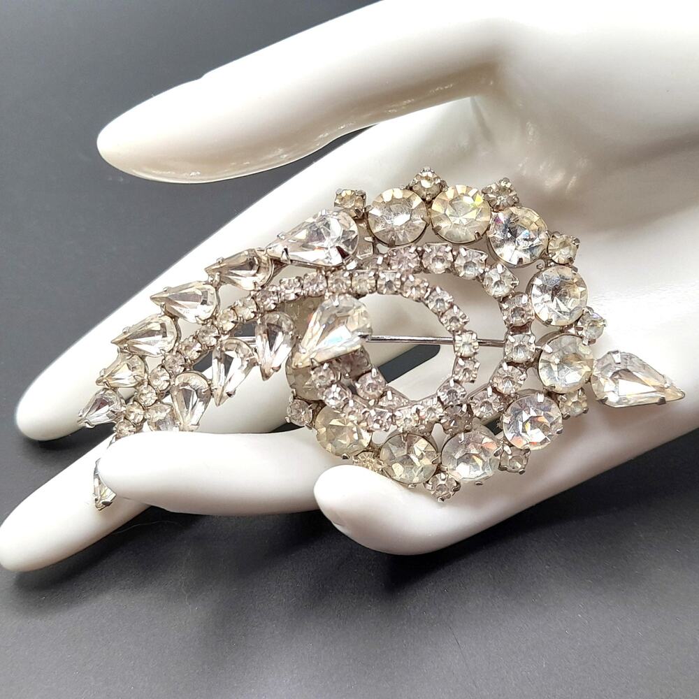 Mid-Century Clear Floral Spray Brooch, Rhodium Plated, Wedding Brooch, 1960s